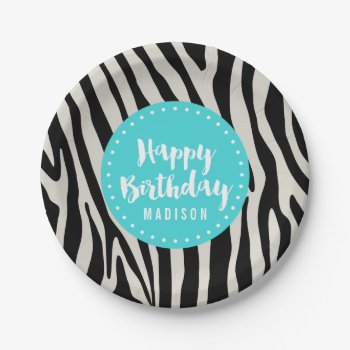 Turquoise And Black Zebra Stripe Birthday Party Paper Plates by cardeddesigns at Zazzle