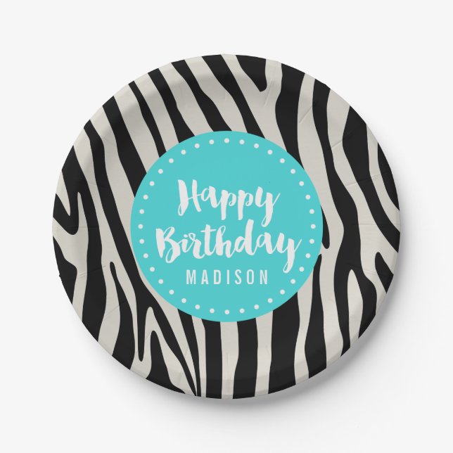 Turquoise and Black Zebra Stripe Birthday Party Paper Plates (Front)