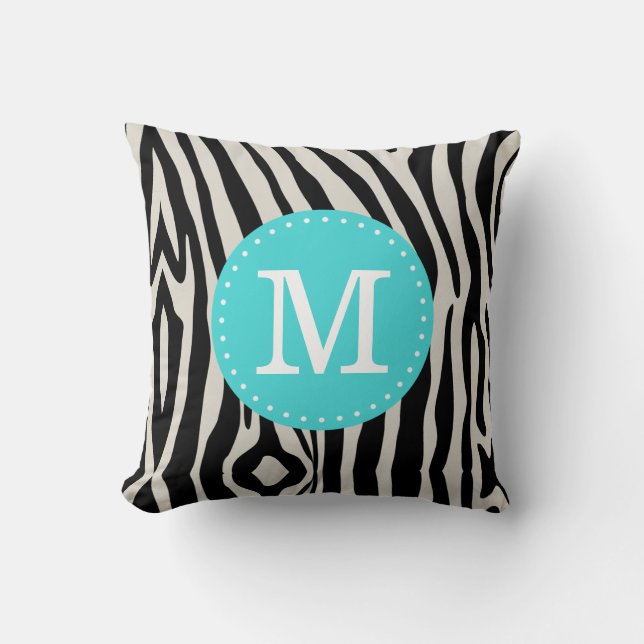 Turquoise and Black Zebra Stripe Custom Monogram Throw Pillow (Front)