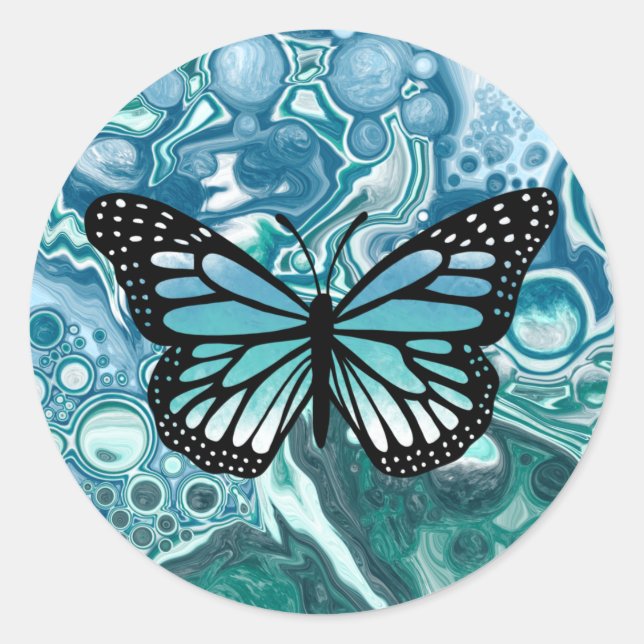 Turquoise and Blue Butterfly Classic Round Sticker (Front)