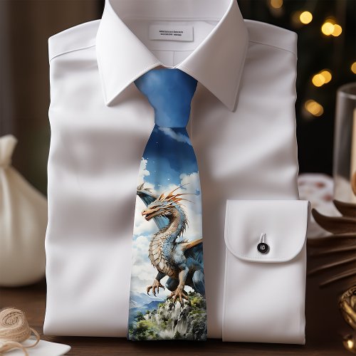 Turquoise and Blue Fantasy Dragon Groomsman Neck Tie