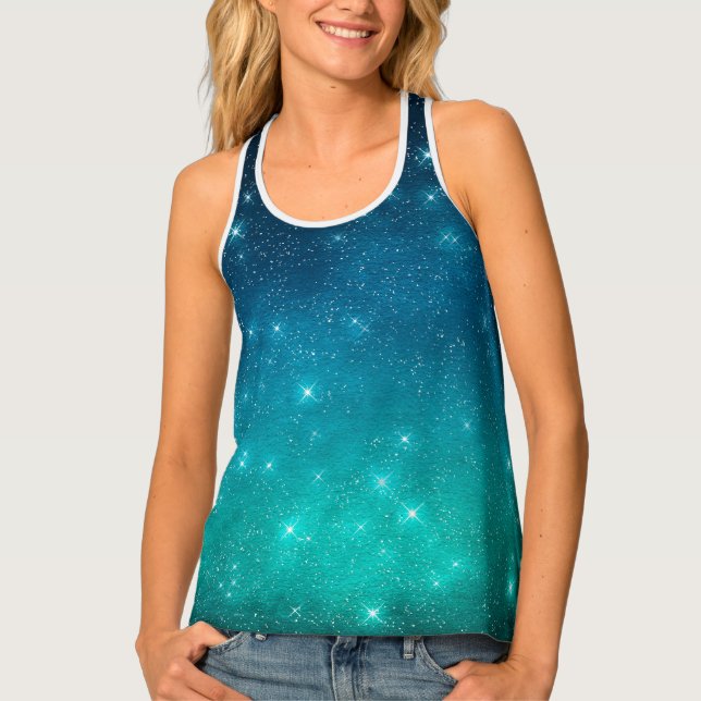 Turquoise and blue gradient starry celestial  tank top (Front)
