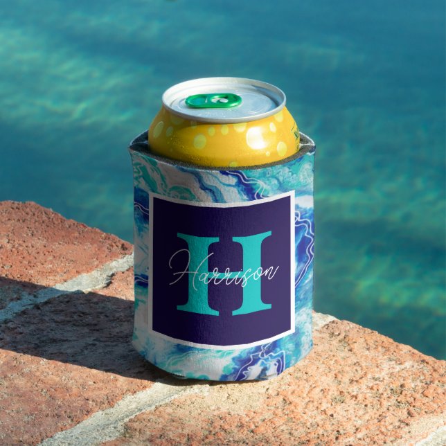 Turquoise and Blue Marble Monogram Name  Beach Can Cooler (In Situ Pool)