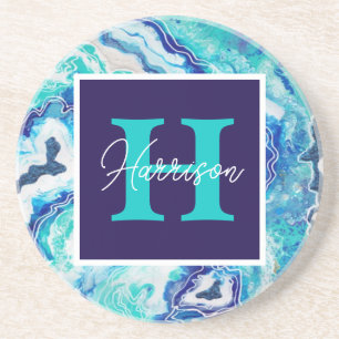Turquoise and Blue Marble Monogram Name Beach Coaster