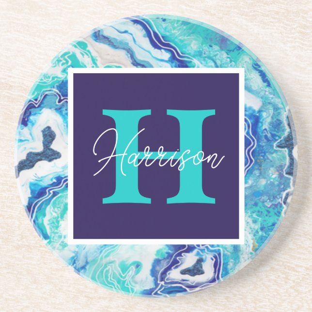 Turquoise and Blue Marble Monogram Name Beach Coaster (Front)