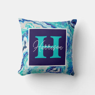 Turquoise and Blue Marble Monogram Name Beach  Throw Pillow