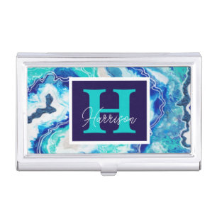Turquoise and Blue Marble Monogram Name Beachy Business Card Case