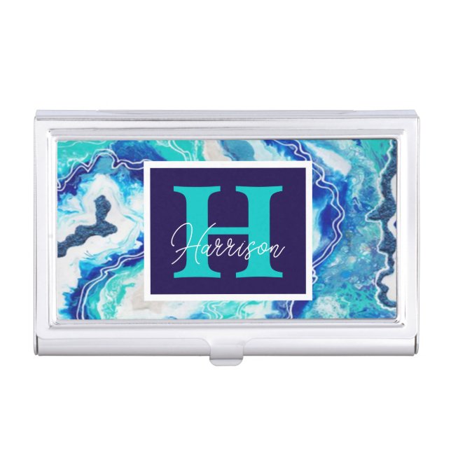 Turquoise and Blue Marble Monogram Name Beachy  Business Card Case (Front)