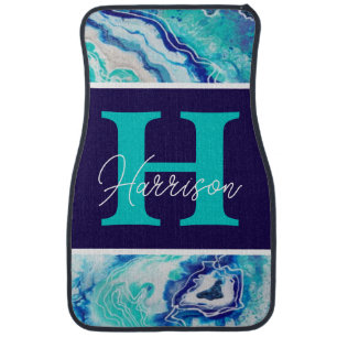 Turquoise and Blue Marble Monogram Name Beachy  Car Floor Mat