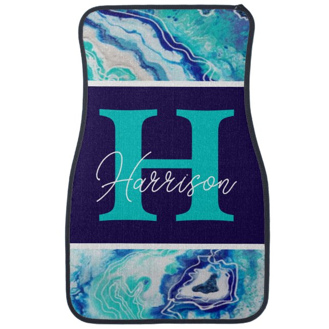 Turquoise and Blue Marble Monogram Name Beachy  Car Floor Mat (Front)