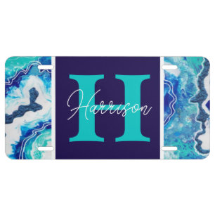Turquoise and Blue Marble Monogram Name Beachy License Plate