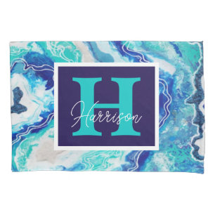 Turquoise and Blue Marble Monogram Name Beachy Pillow Case