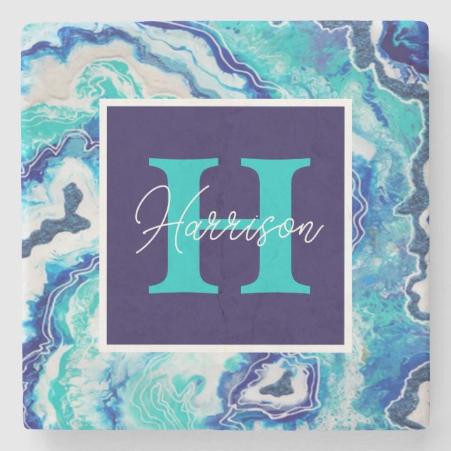 Turquoise and Blue Marble Monogram Name  Trendy Stone Coaster (Front)