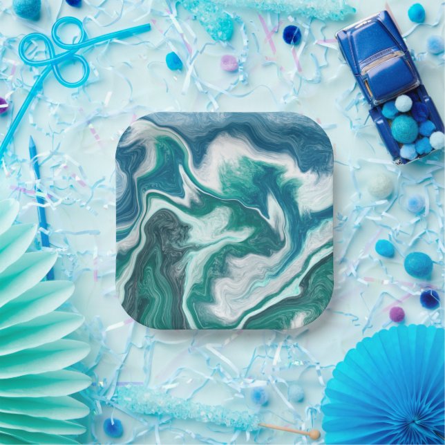 Turquoise and Blue Ocean Wave Swirls  Paper Plates (Party)