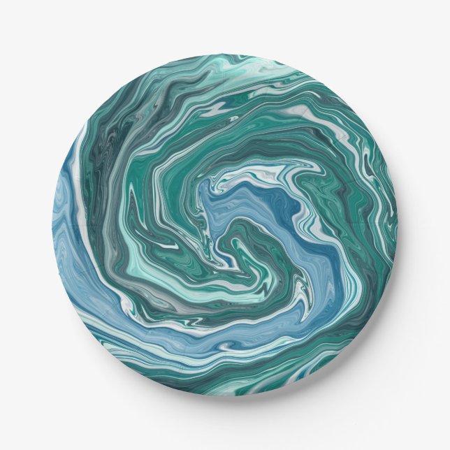 Turquoise and Blue Ocean Wave Swirls Paper Plates (Front)