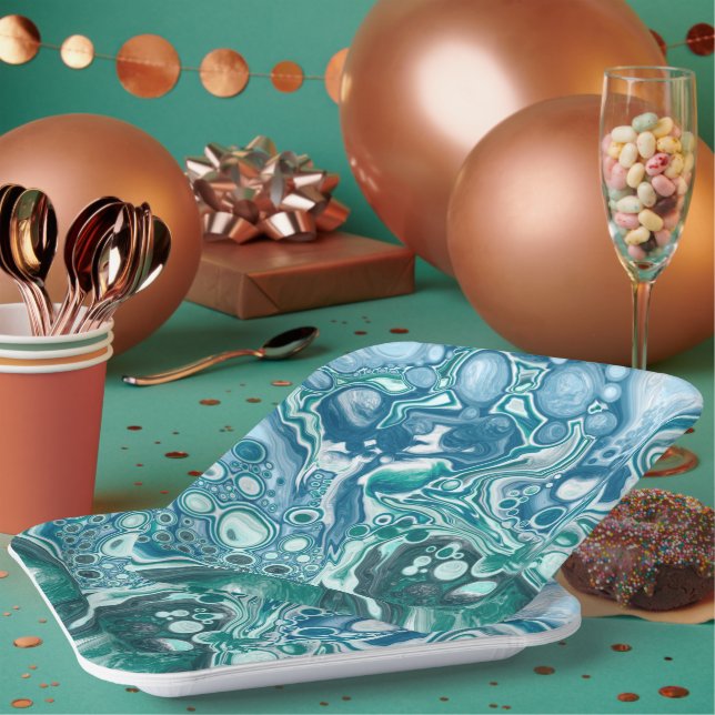 Turquoise and Blue Ocean Waves and Bubbles Paper Plates (Multi)
