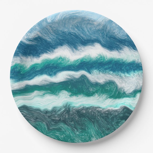 Turquoise and Blue Ocean Waves  Paper Plates (Front)