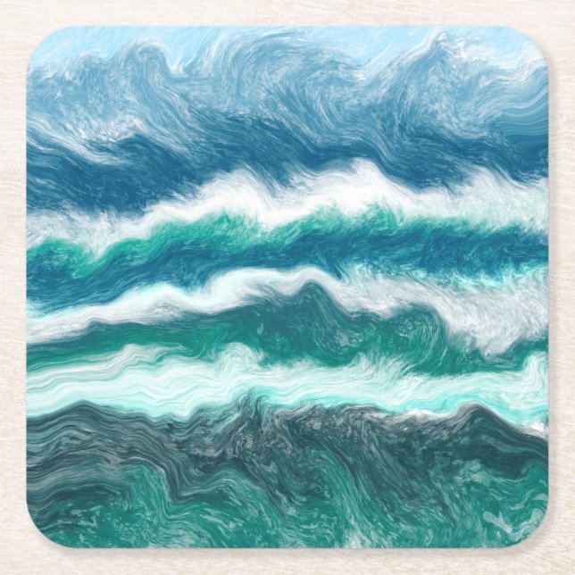 Turquoise and Blue Ocean Waves Square Paper Coaster (Front)