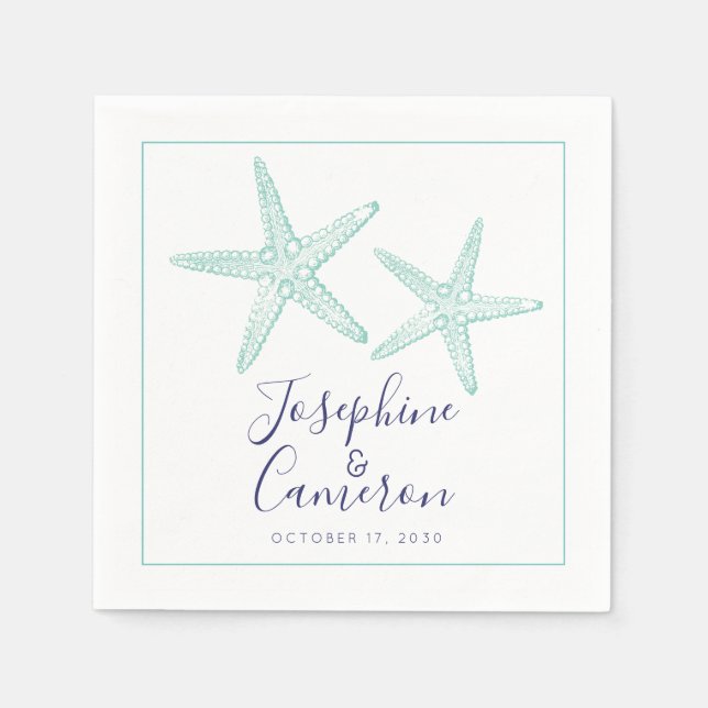 Turquoise and Blue Starfish Custom Cocktail Napkins (Front)
