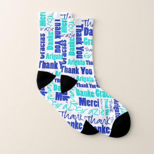 Turquoise and Blue Thank You Word Cloud Socks