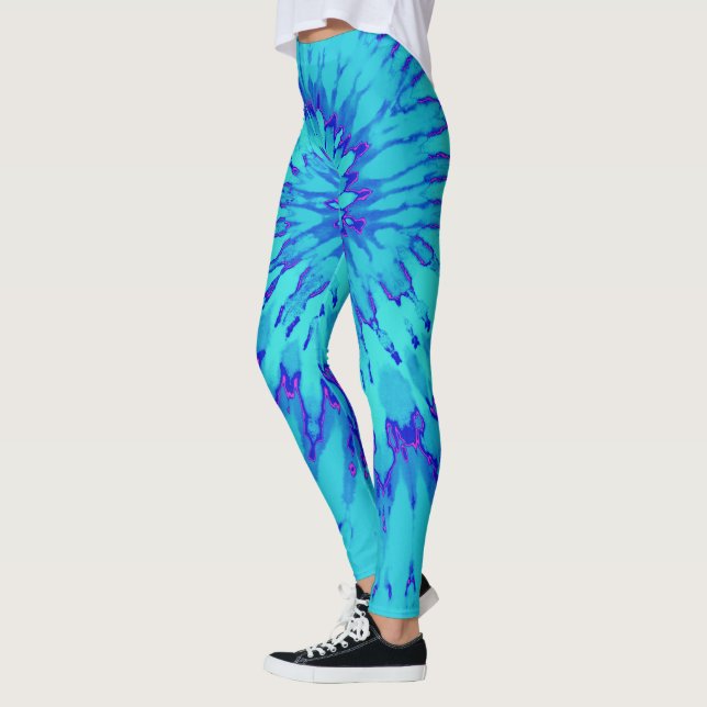 Turquoise and Blue with Magenta Spiral Tie Dye Leggings (Left)