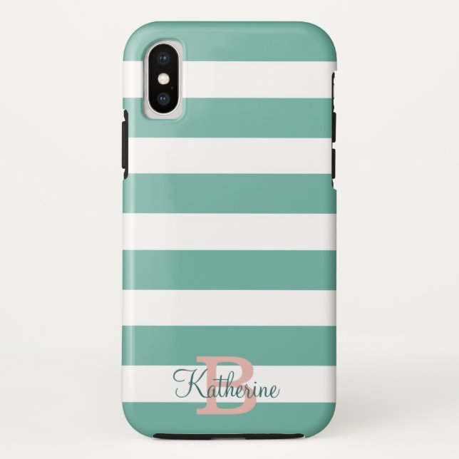 turquoise and blush preppy stripes monogram Case-Mate iPhone case (Back)