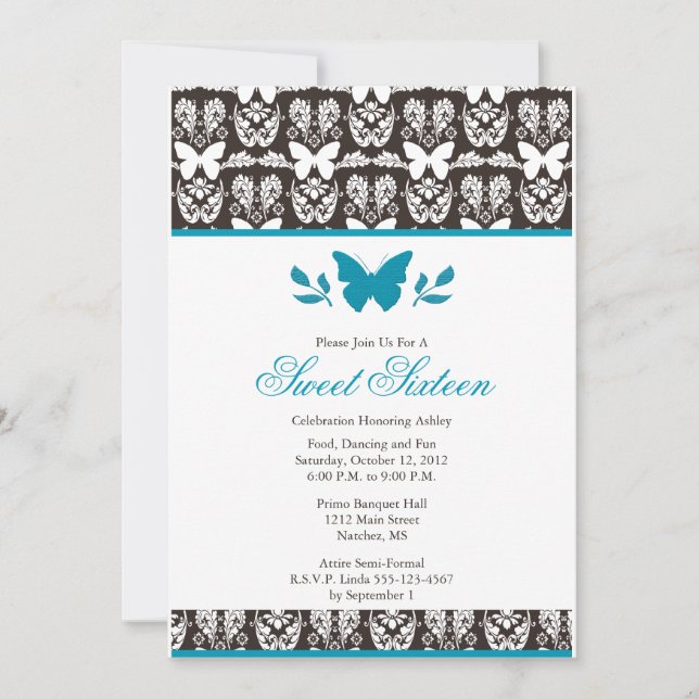 Turquoise and Brown Butterfly Sweet 16 Invitaitons Invitation (Front)