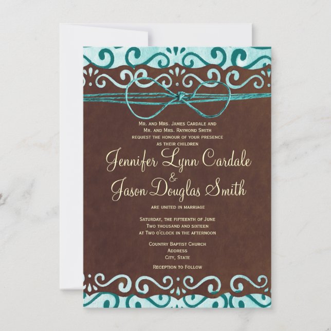 Turquoise and Brown Country Wedding Invitations (Front)