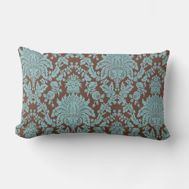 Turquoise and Brown Damask Lumbar Pillow (Front)