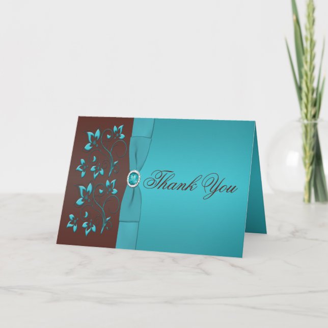 Turquoise and Brown Floral Jewelled Thank You Card (Front)