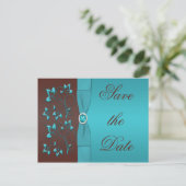 Turquoise and Brown Floral Save the Date Postcard (Standing Front)