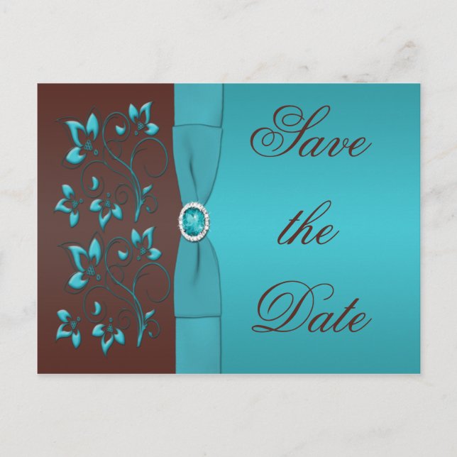 Turquoise and Brown Floral Save the Date Postcard (Front)