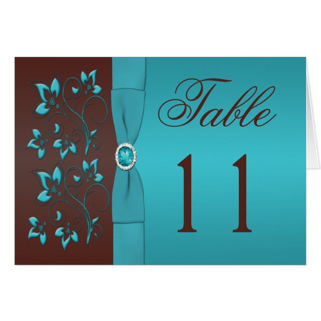 Turquoise and Brown Floral Table Number Card (Front Horizontal)