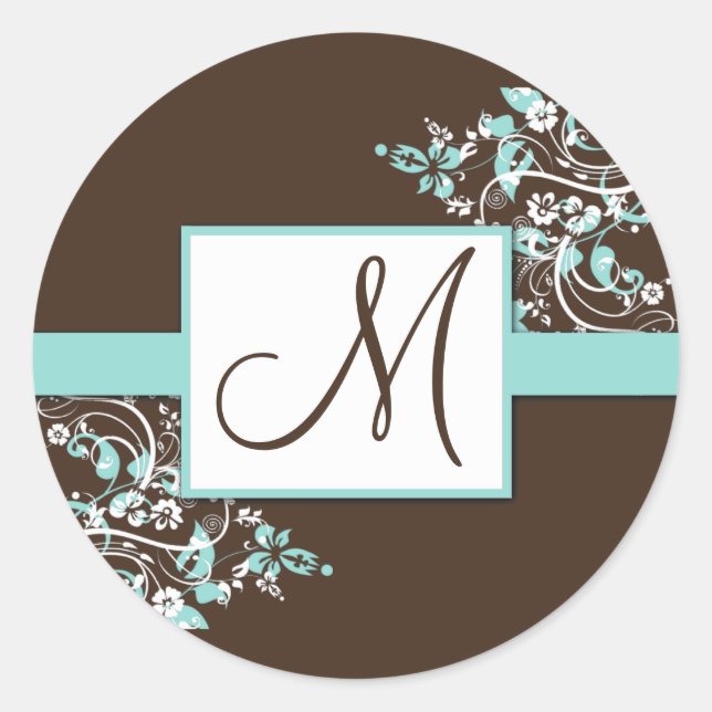 Turquoise and Brown Monogram Wedding Stickers (Front)