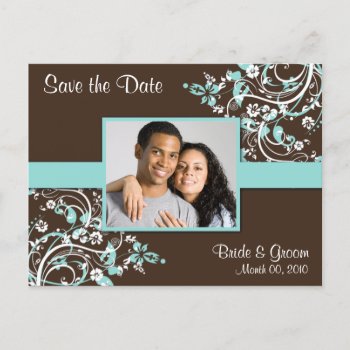 Turquoise And Brown Save The Date Photo Postcards by PMCustomWeddings at Zazzle