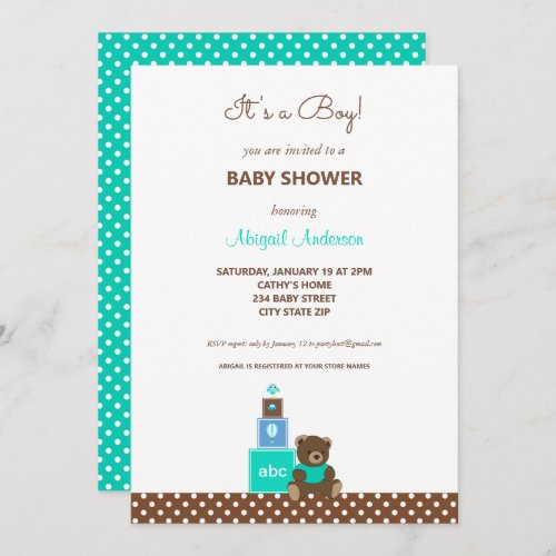 Turquoise and Brown Teddy Bear Baby Shower Invitation