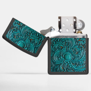 Turquoise and brown tooled floral leather pattern zippo lighter