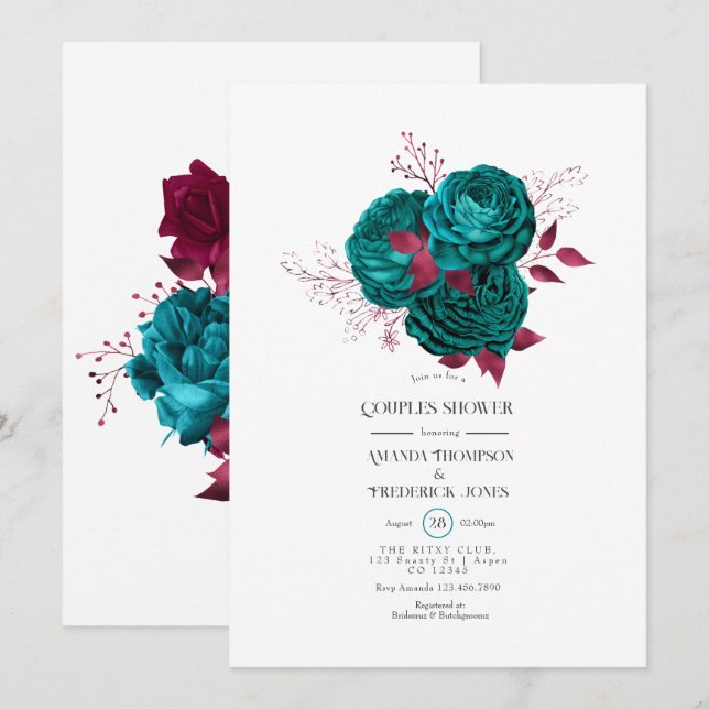 Turquoise and Burgundy Floral Couples Shower Invitation (Front/Back)