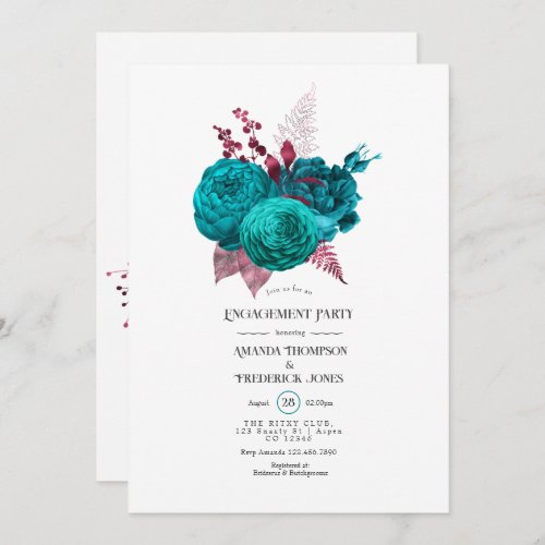 Turquoise and Burgundy Floral Engagement Party Invitation