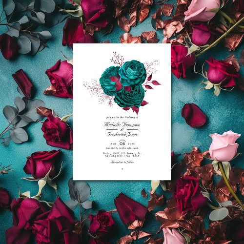 Turquoise and Burgundy Floral QR Code Wedding Invitation