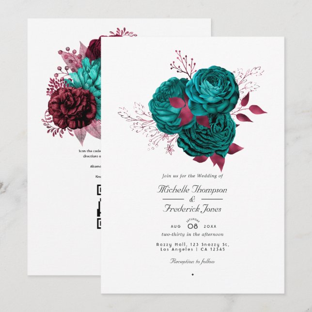 Turquoise and Burgundy Floral QR Code Wedding Invitation (Front/Back)