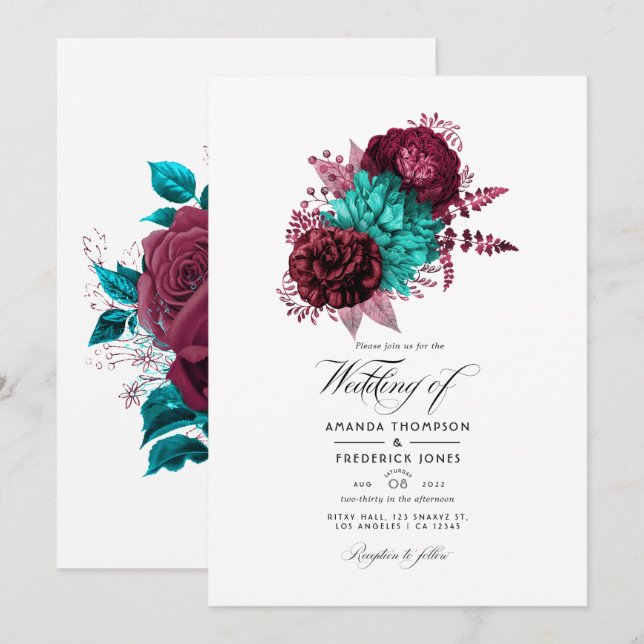 Turquoise and Burgundy Floral Wedding Invitation (Front/Back)