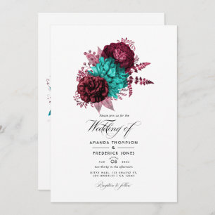 Turquoise and Burgundy Floral Wedding Invitation