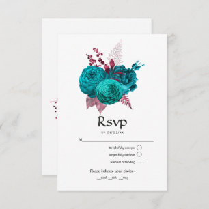 Turquoise and Burgundy Floral Wedding RSVP Card