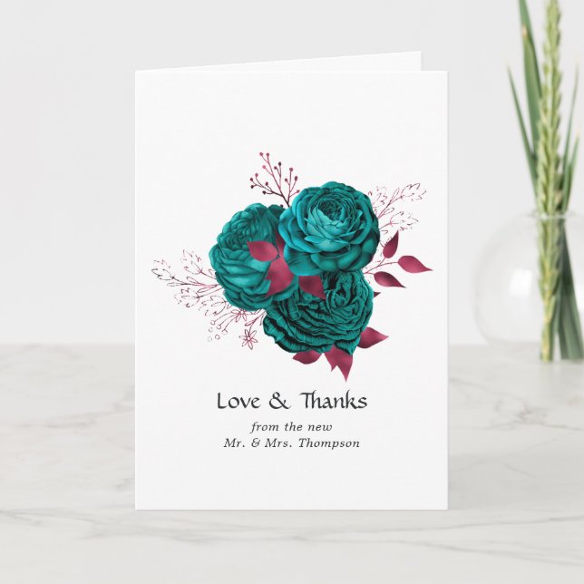 Turquoise and Burgundy Floral Wedding Thank You Card (Front)