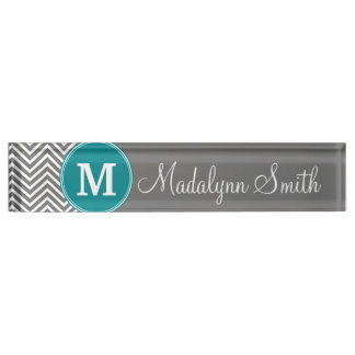 Turquoise and Charcoal Chevrons Custom Monogram Desk Name Plate