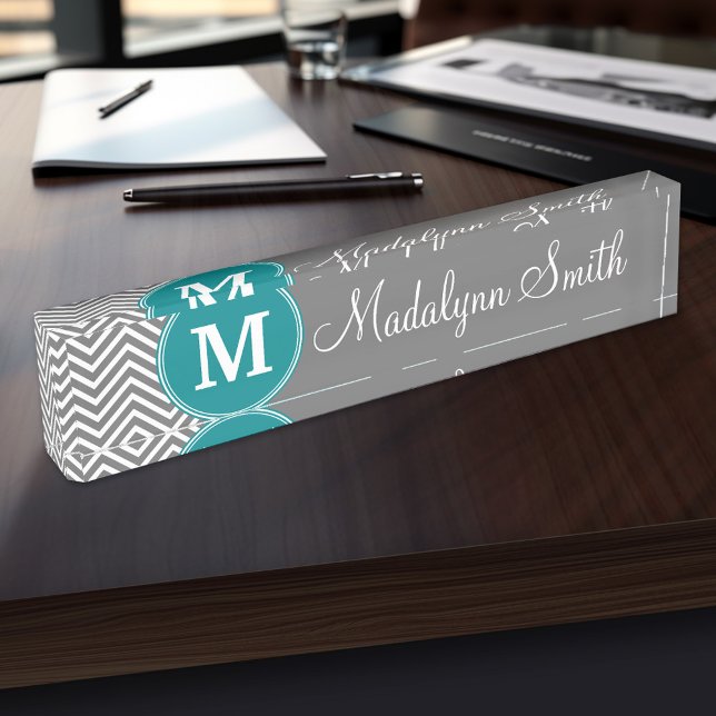 Turquoise and Charcoal Chevrons Custom Monogram Desk Name Plate (Personalized Name Plate for the Office, School or Home)