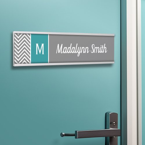 Turquoise and Charcoal Chevrons Custom Monogram Door Sign