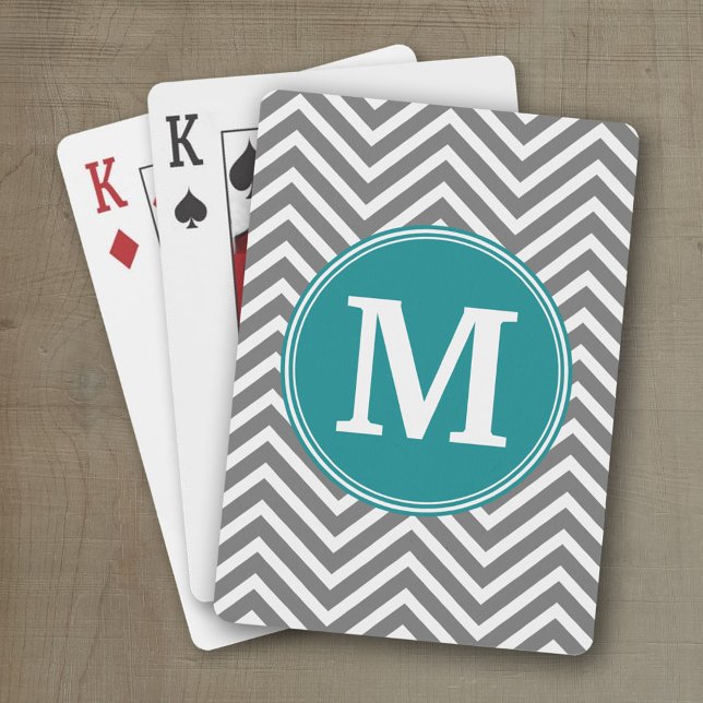 Turquoise and Charcoal Chevrons Custom Monogram Poker Cards (Personalized playing cards with an area for text such as a name or monogram)