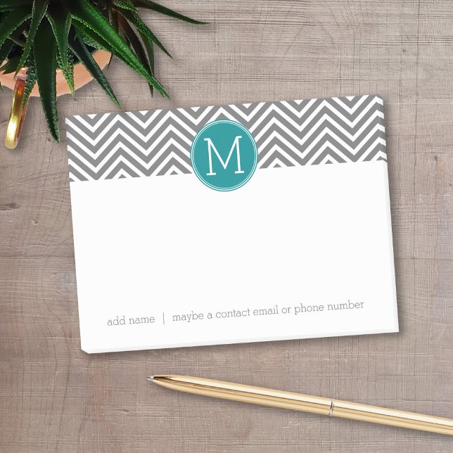 Turquoise and Charcoal Chevrons Custom Monogram Post-it Notes (Personalized post-it notes with a monogram and contact information - low quantity available)